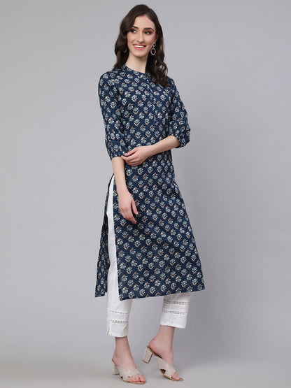 Women Blue Ethnic Printed Straight Kurta with Three Quarter Sleeves