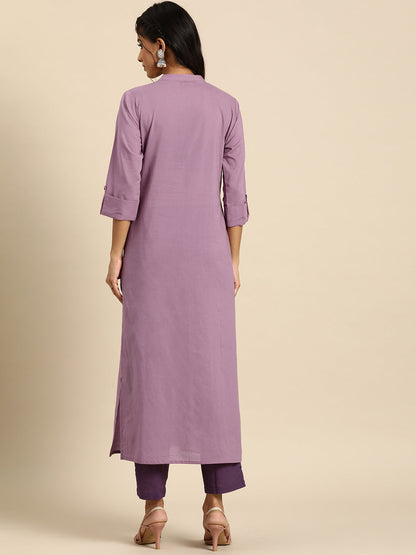 Women Purple Straight Kurta With Three Quarter Sleeves