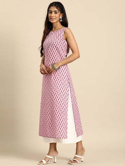 Women Mauve Ethnic Printed Straight Sleeveless Kurta