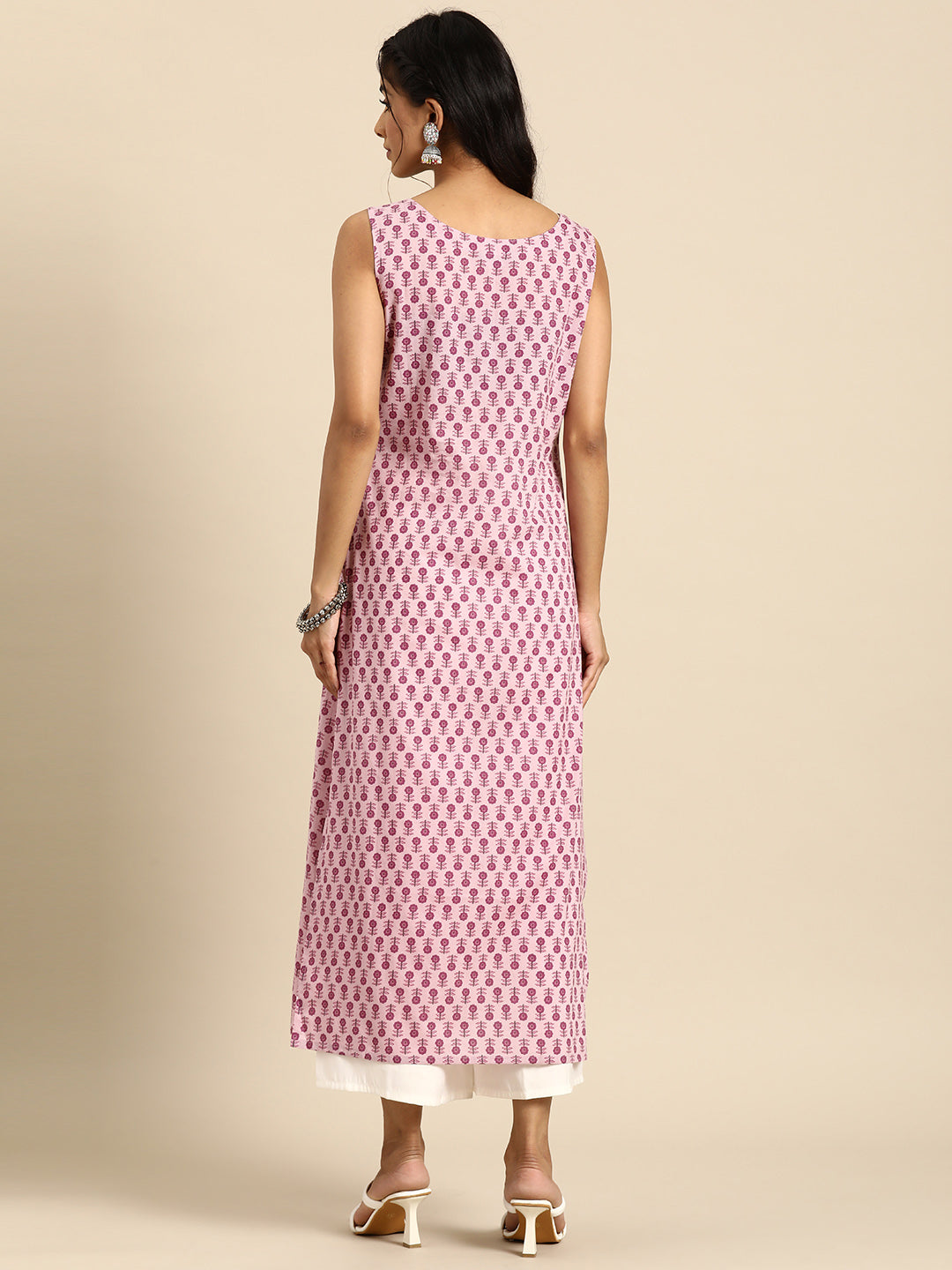 Women Mauve Ethnic Printed Straight Sleeveless Kurta