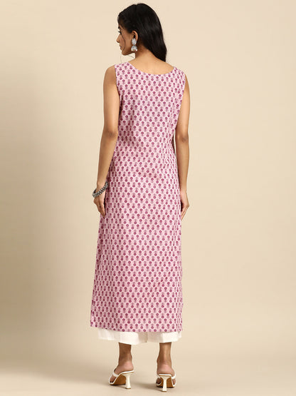 Women Mauve Ethnic Printed Straight Sleeveless Kurta