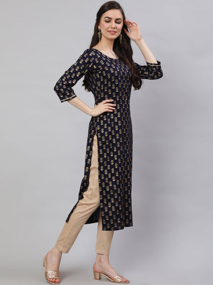 Women Navy Blue Ethnic Printed Straight Kurta with Three Quarter Sleeves