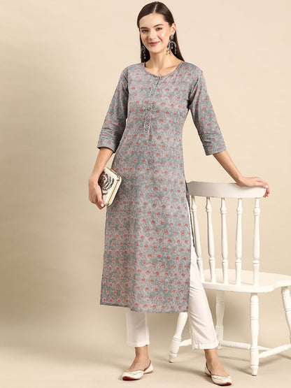 Grey Ethnic Printed Straight Kurta With Three Quarter Sleeves