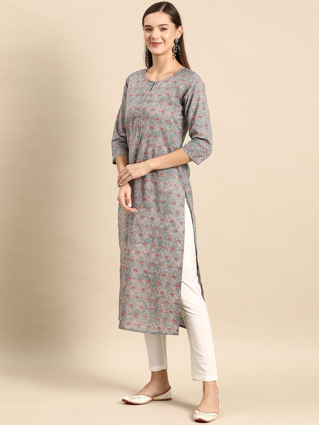 Grey Ethnic Printed Straight Kurta With Three Quarter Sleeves