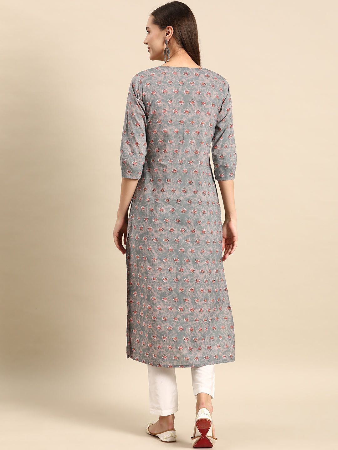 Grey Ethnic Printed Straight Kurta With Three Quarter Sleeves