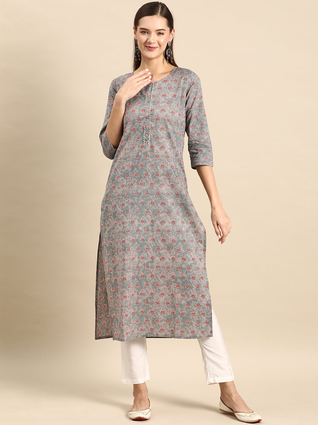 Grey Ethnic Printed Straight Kurta With Three Quarter Sleeves