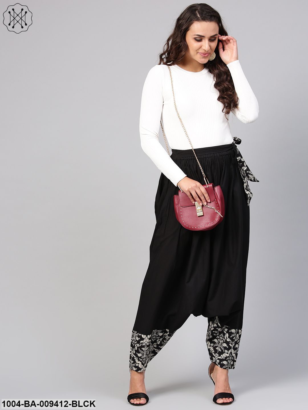 Black Solid Harem Pant With Printed Detaling