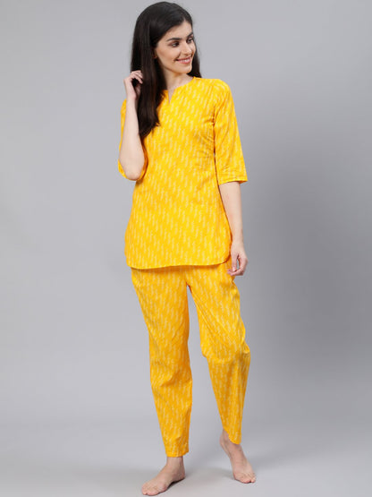 Women Yellow Printed Night Suit