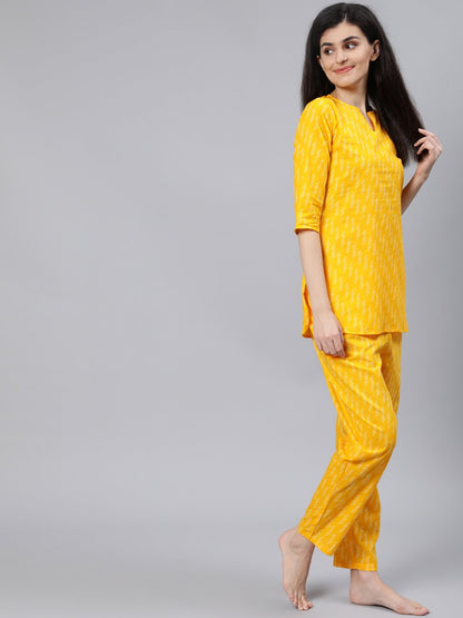 Women Yellow Printed Night Suit