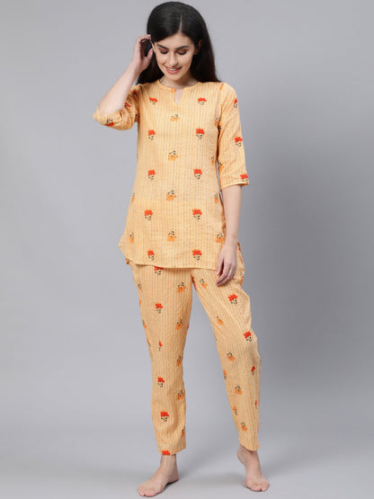 Women Light Yellow Printed Night Suit