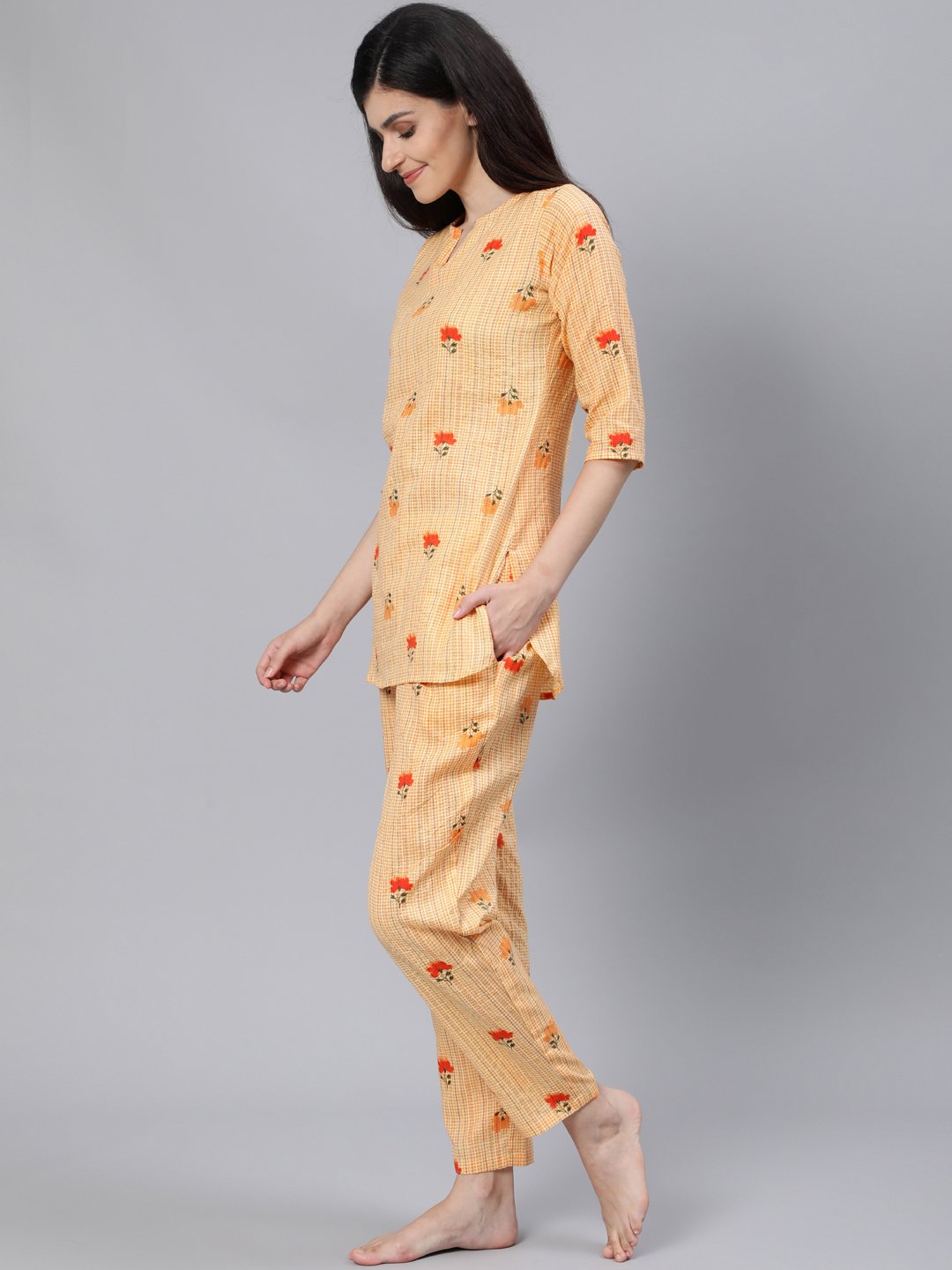 Women Light Yellow Printed Night Suit