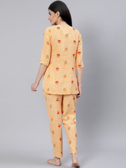 Women Light Yellow Printed Night Suit