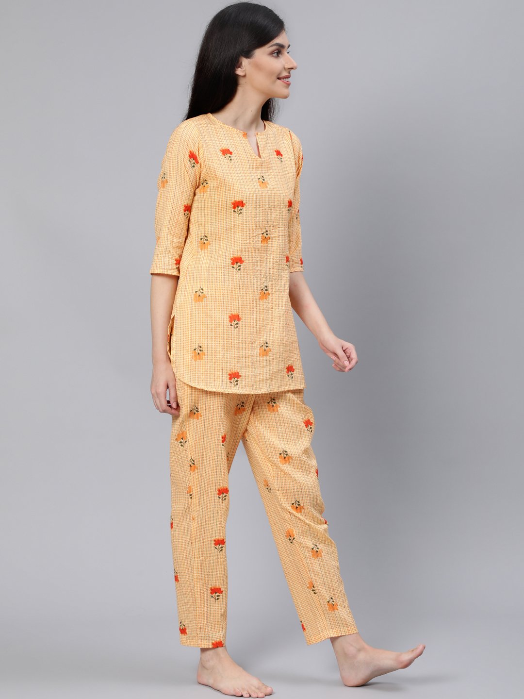 Women Light Yellow Printed Night Suit