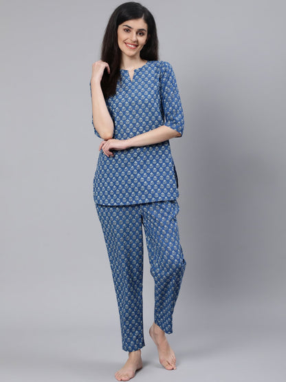 Women Blue Printed Night Suit