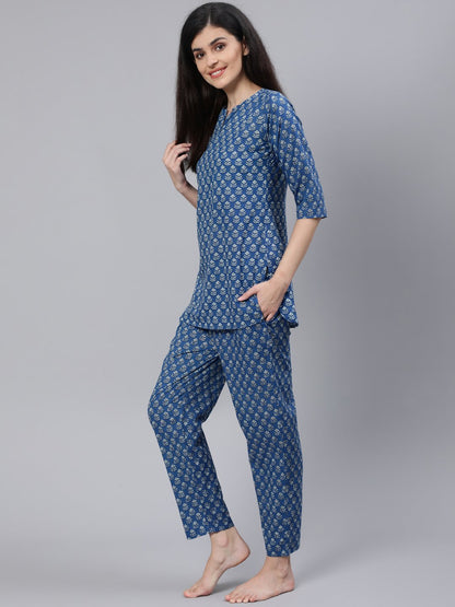 Women Blue Printed Night Suit