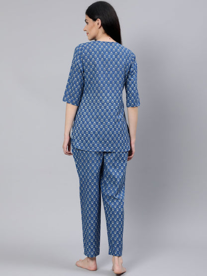 Women Blue Printed Night Suit