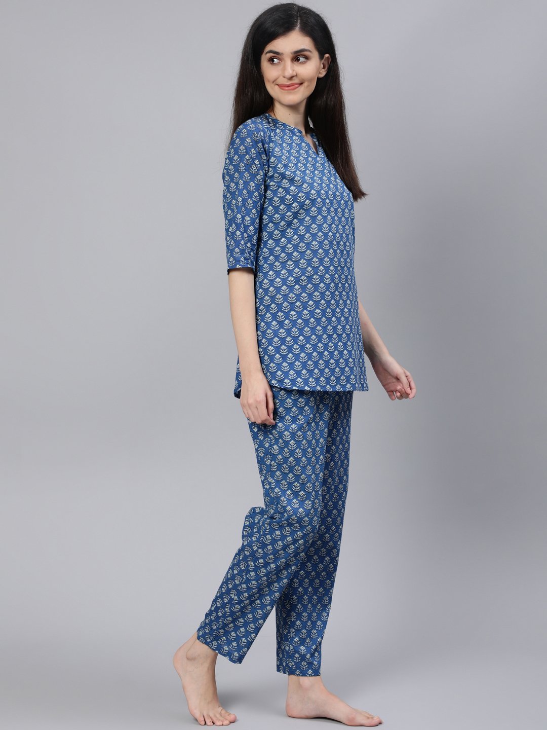 Women Blue Printed Night Suit