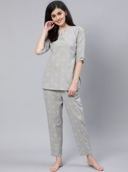 Women Grey Printed Night Suit