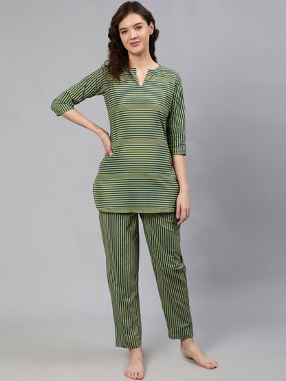 Women Green Striped Night Suit