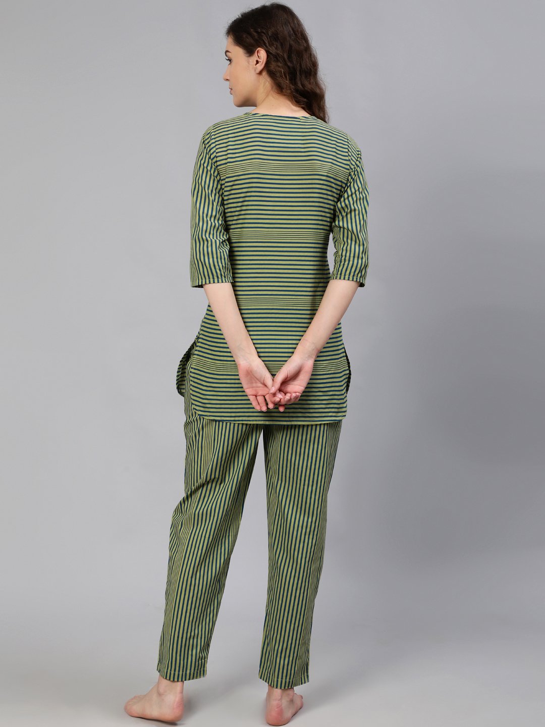 Women Green Striped Night Suit