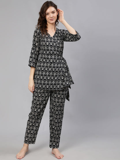 Women Black Wrap Round Night Suit