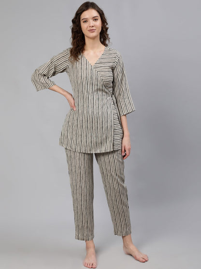 Women Grey Striped Wrap Round Night Suit