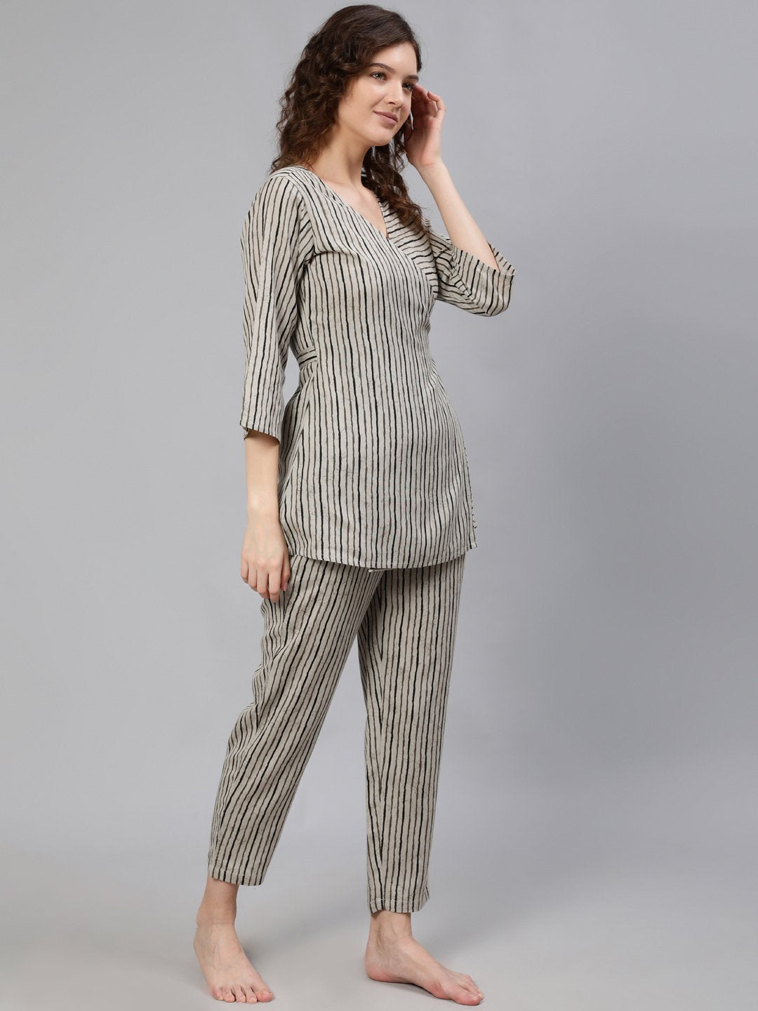 Women Grey Striped Wrap Round Night Suit