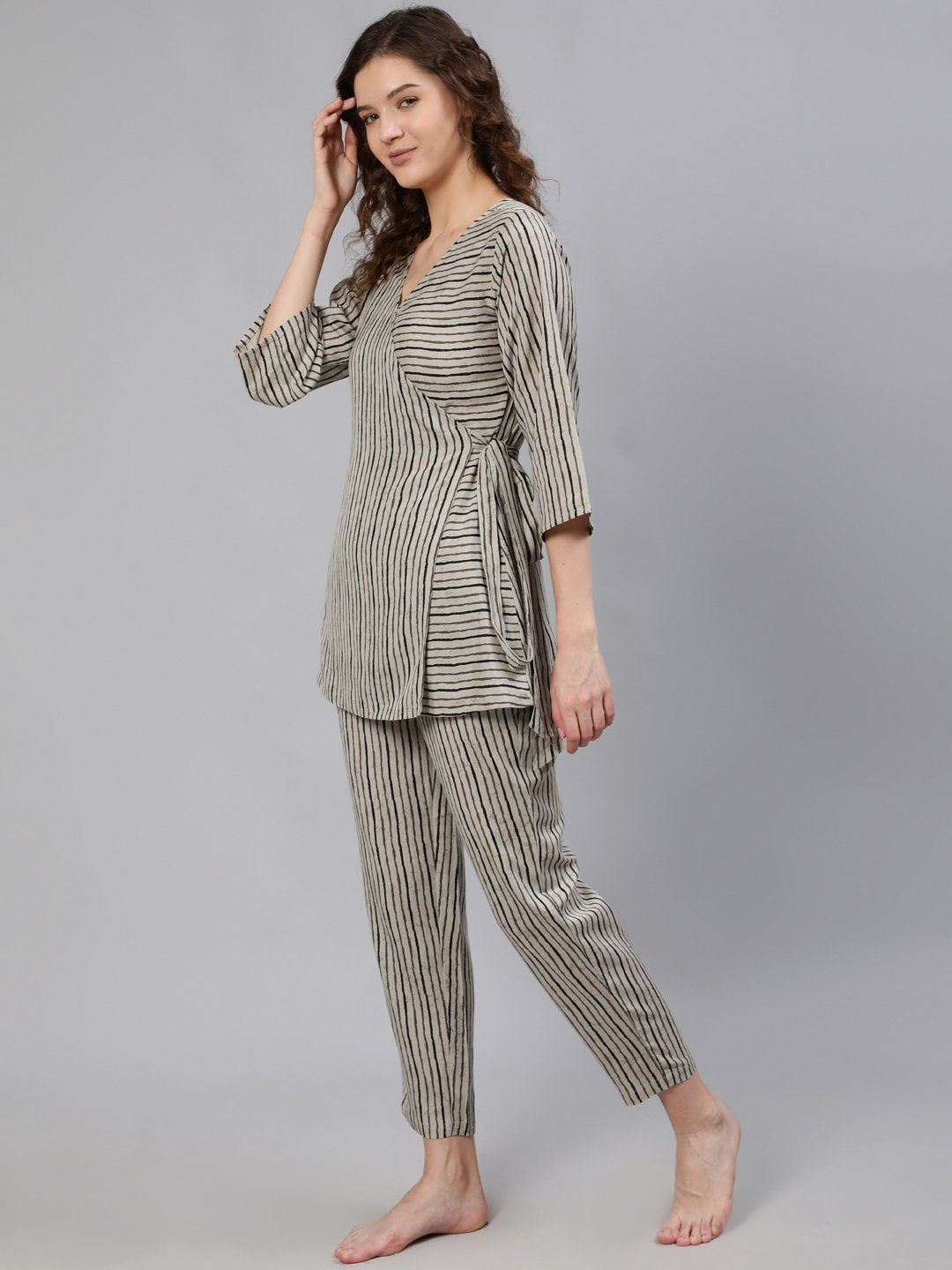 Women Grey Striped Wrap Round Night Suit