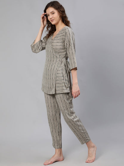 Women Grey Striped Wrap Round Night Suit