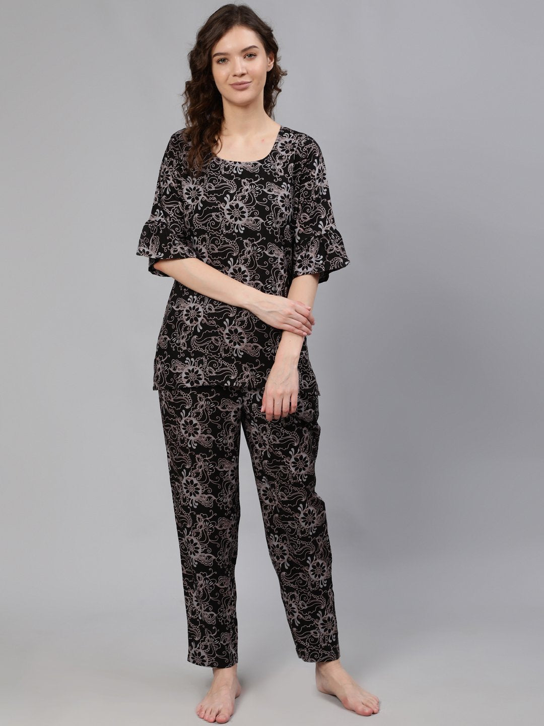 Women Black Printed Night Suit