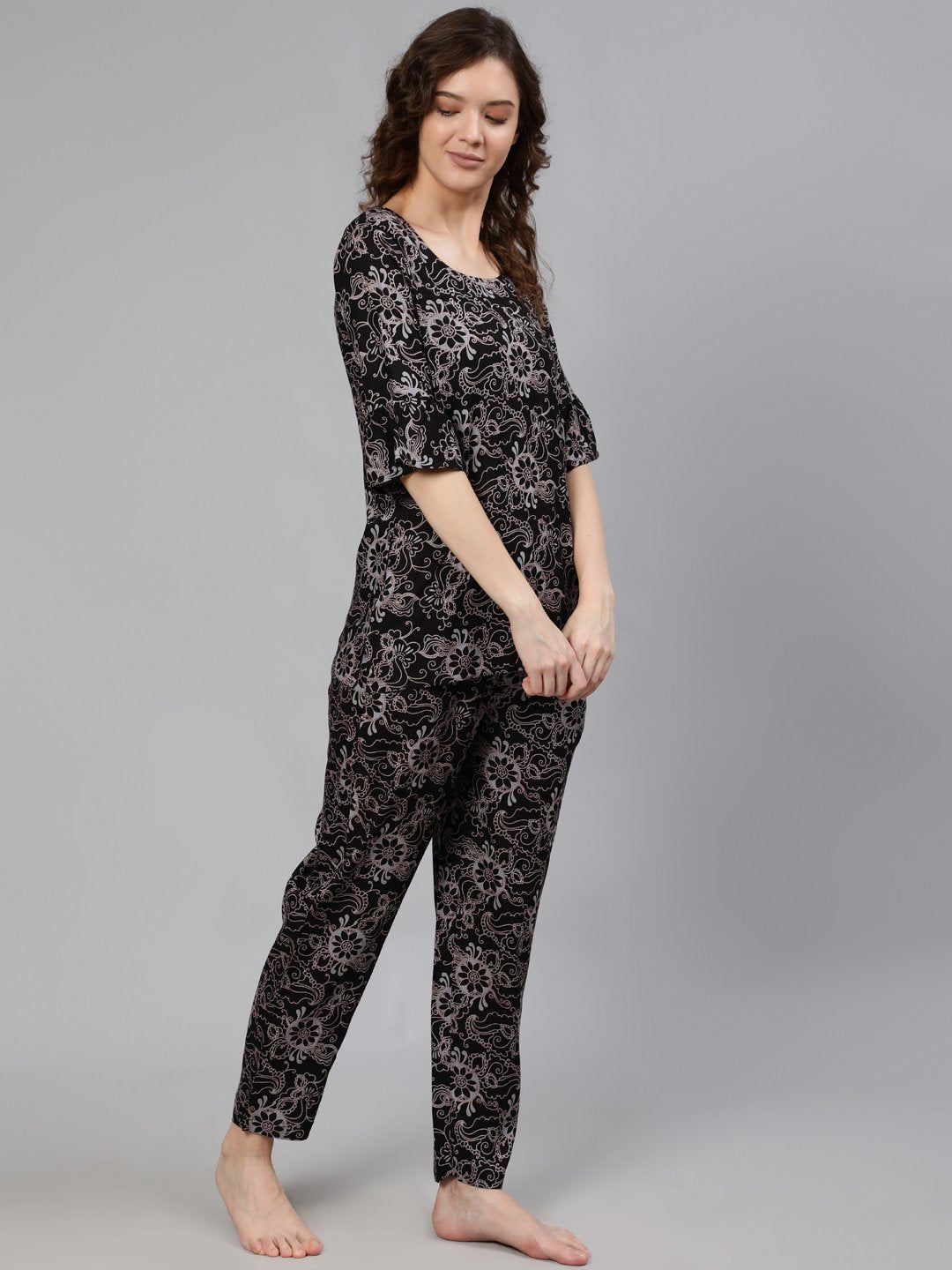 Women Black Printed Night Suit