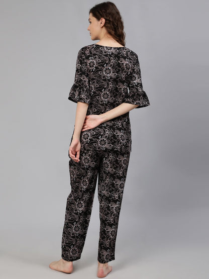 Women Black Printed Night Suit