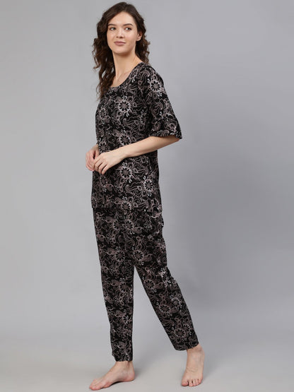 Women Black Printed Night Suit