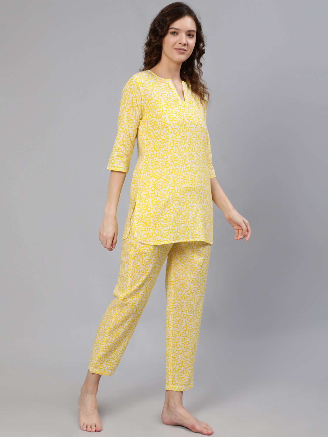 Women Yellow Printed Night Suit