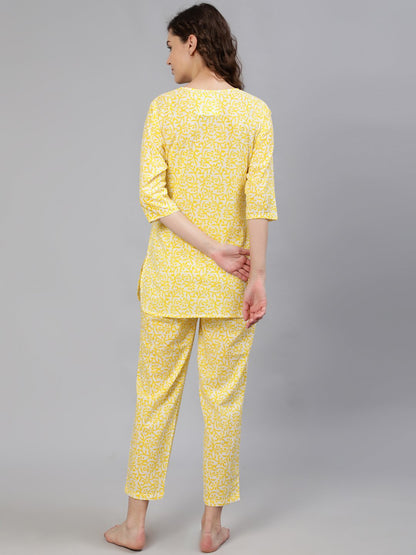 Women Yellow Printed Night Suit