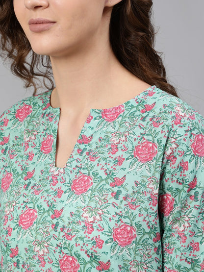 Women Green Floral Printed Night Suit