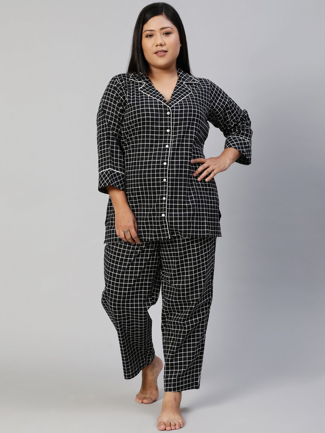 Women Black Checked Night Suit