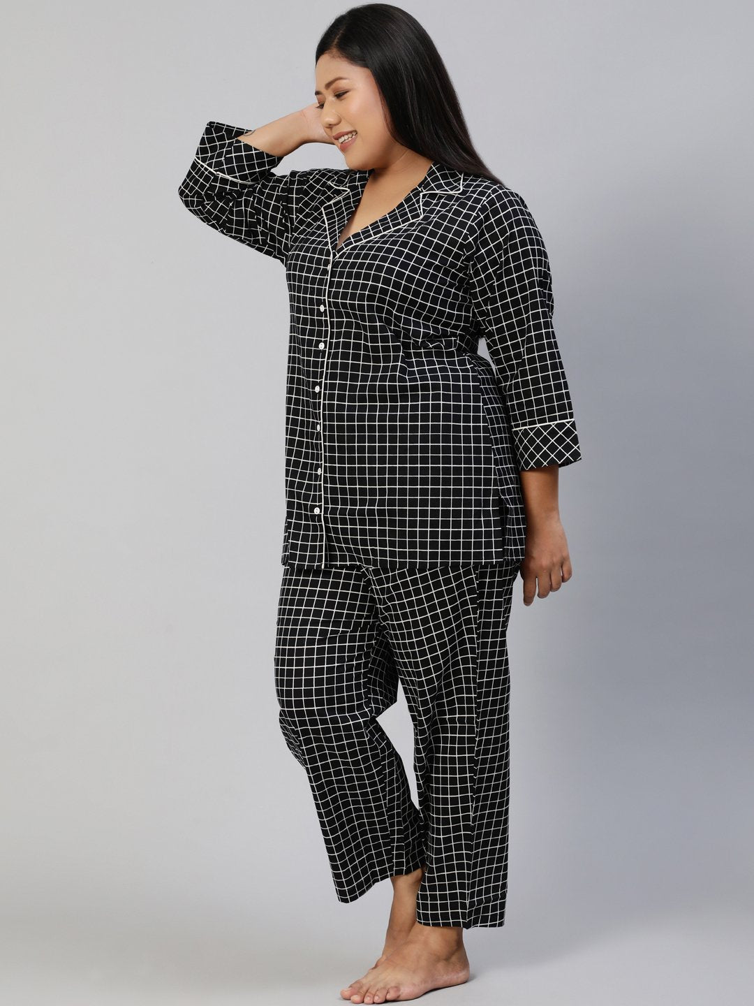 Women Black Checked Night Suit