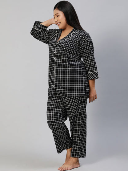 Women Black Checked Night Suit