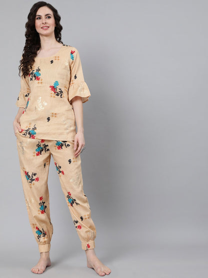 Women Cream Printed Night suit