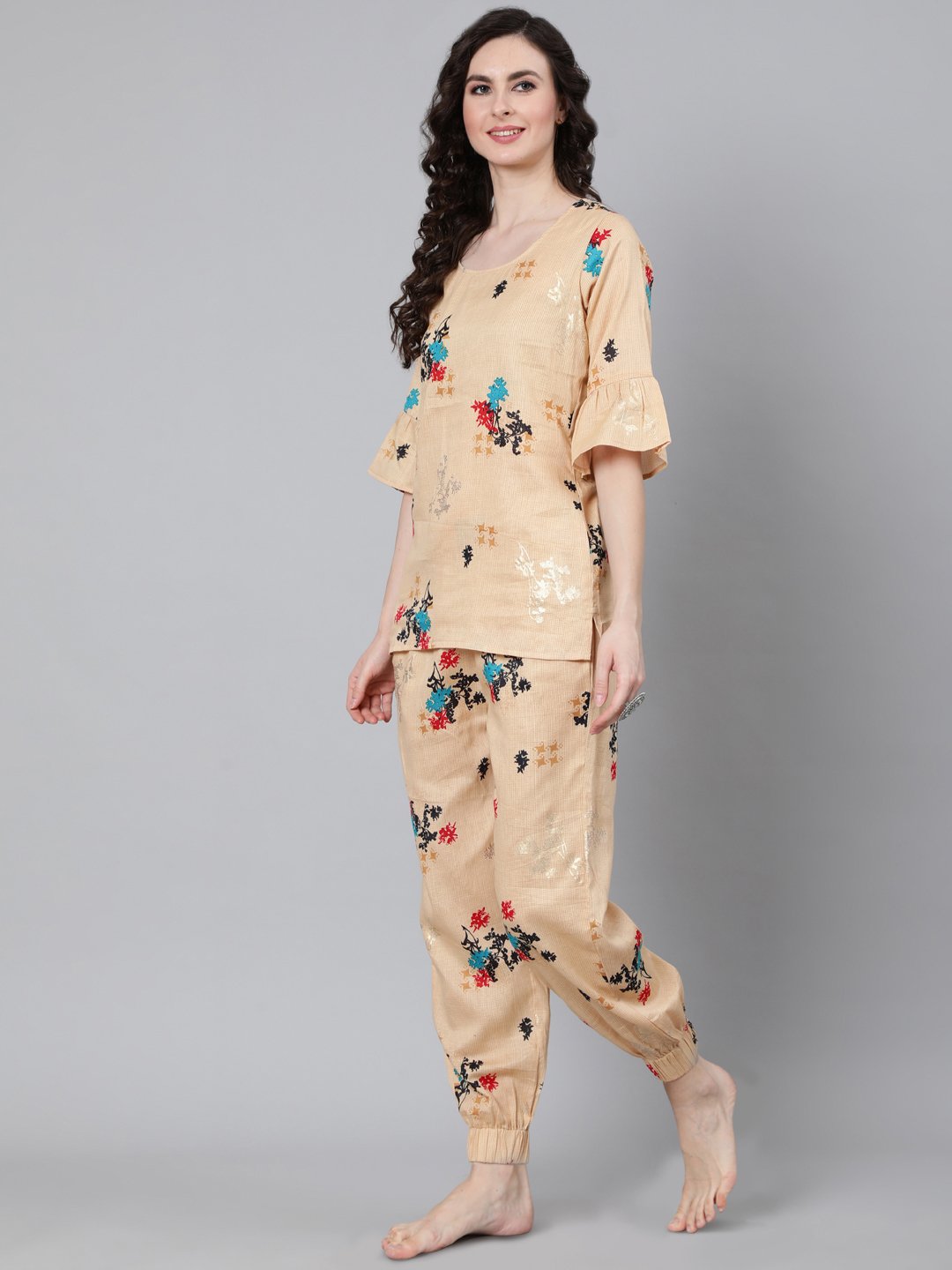 Women Cream Printed Night suit