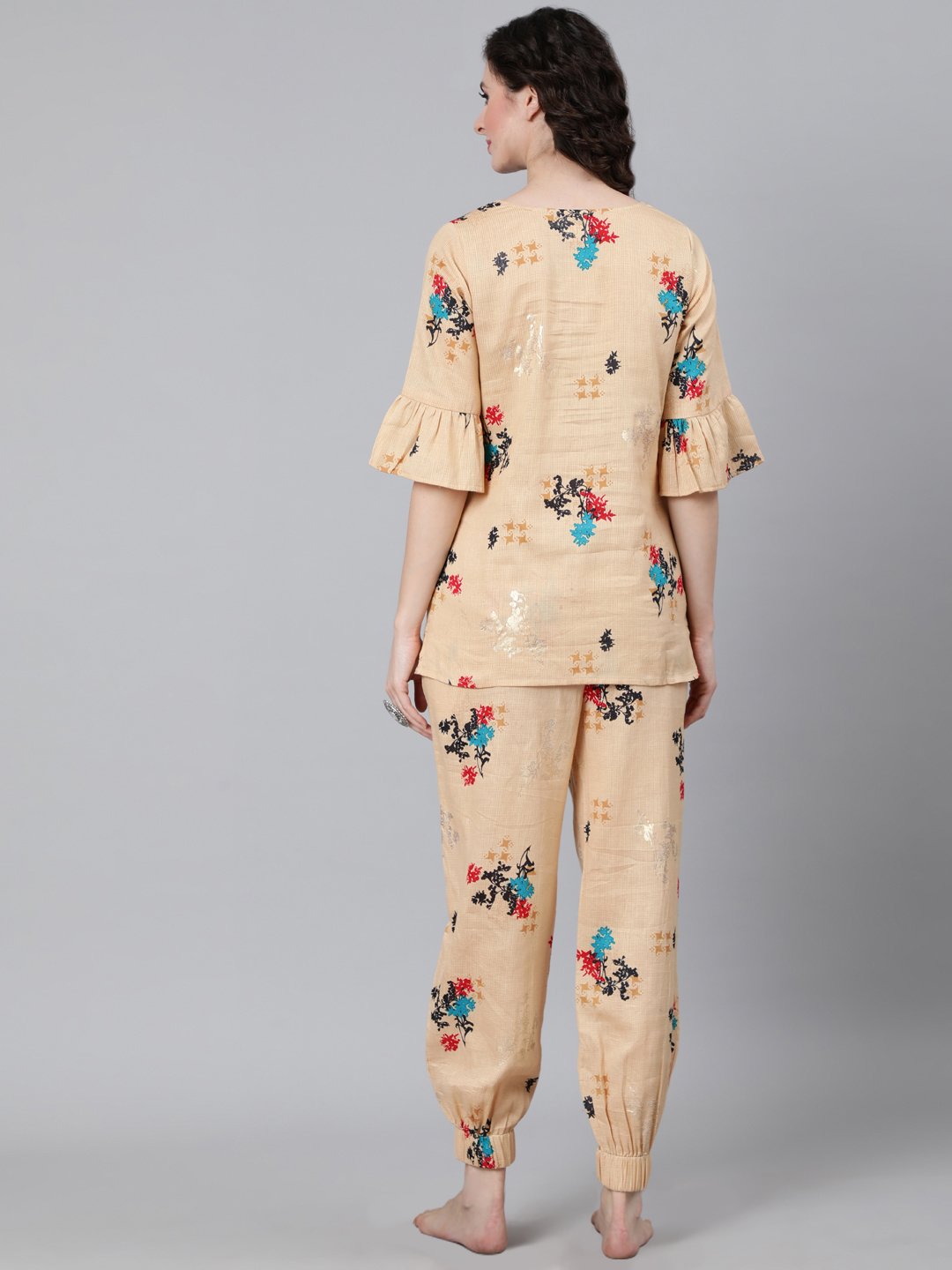 Women Cream Printed Night suit