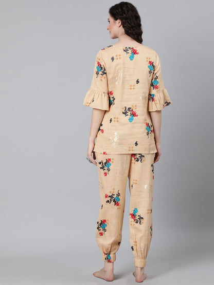 Women Cream Printed Night suit