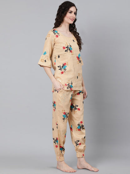 Women Cream Printed Night suit