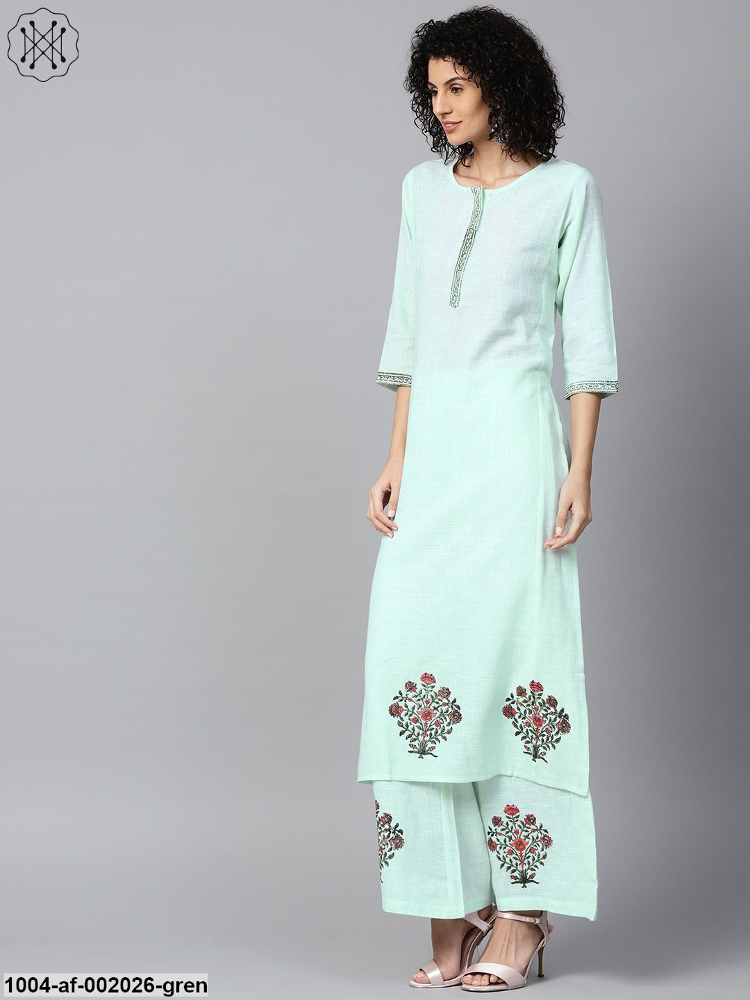 Pista Green 3/4Th Sleeve Cotton Block Printed A-Line Kurta With Flared Palazzos