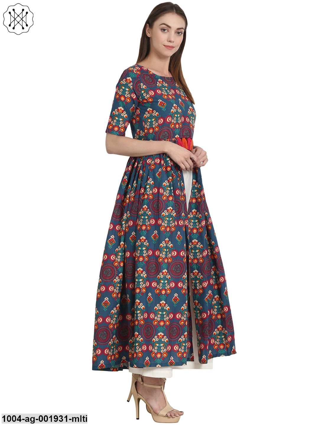 Multi Printed Half Sleeve Cotton Flared Kurta