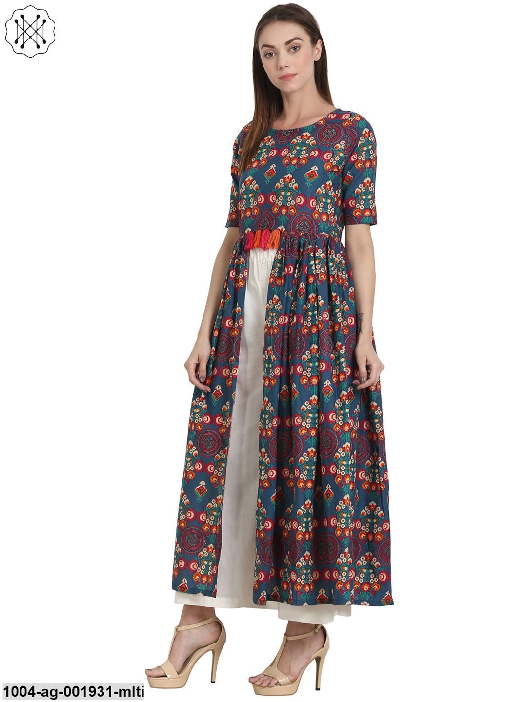 Multi Printed Half Sleeve Cotton Flared Kurta