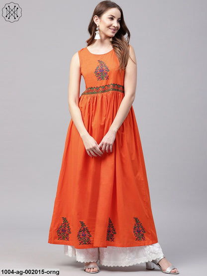 Orange Sleeveless Cotton Anarkali Kurta With Block Printed In Yoke And Border