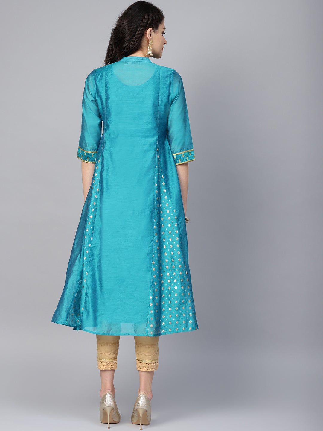 Teal Chanderi Silk Embroidered & Printed Anarkali Kurta