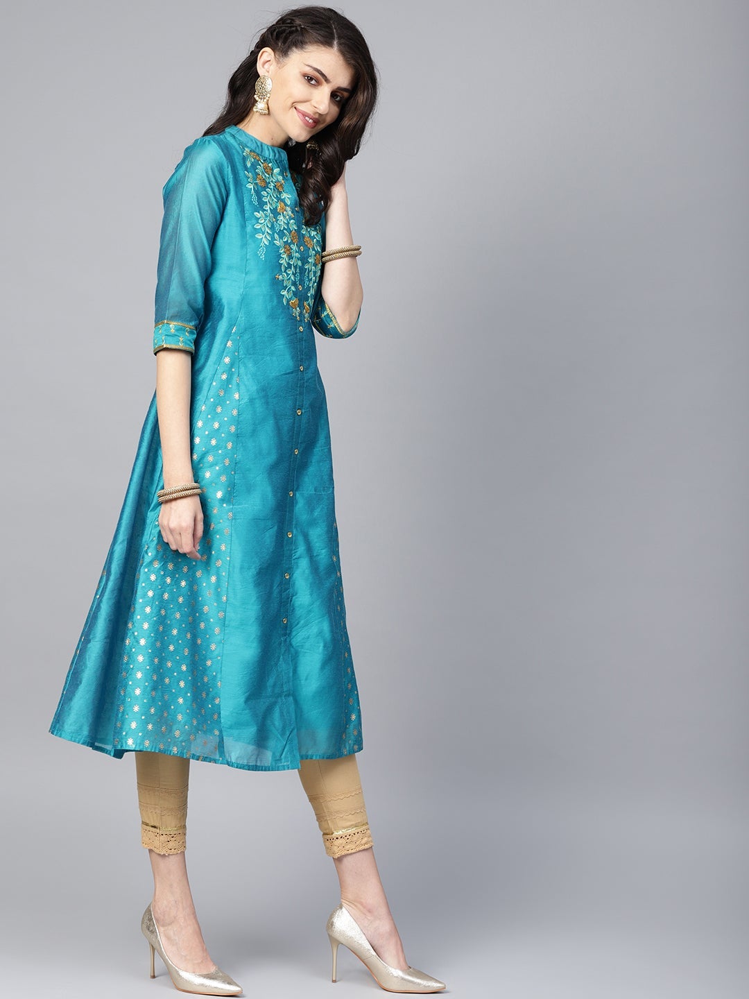 Teal Chanderi Silk Embroidered & Printed Anarkali Kurta